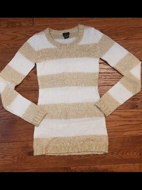 Rue21 Gold and White Striped Sequin Knit Sweater
